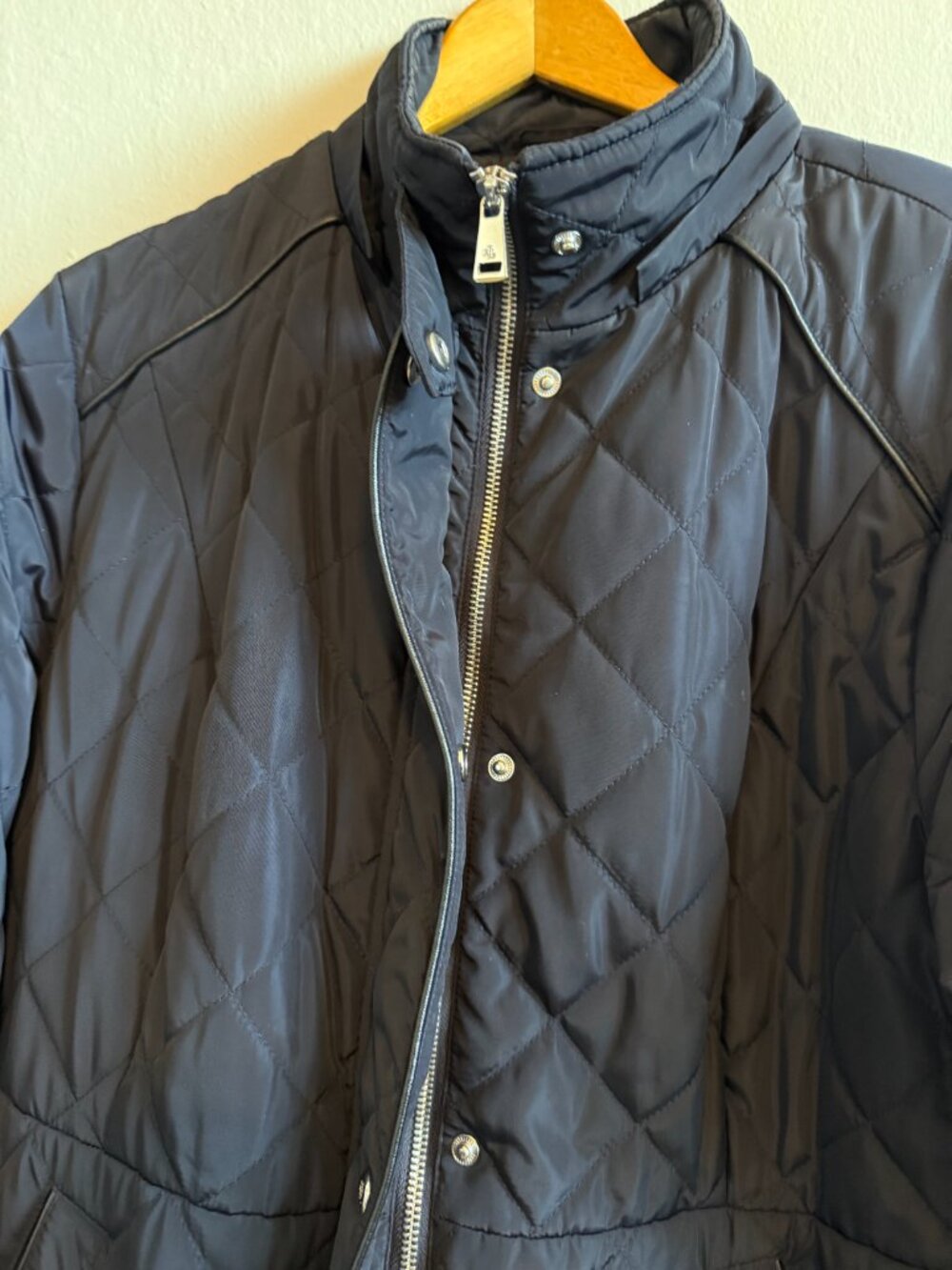 Lauren Ralph Lauren Navy Quilted Jacket Women XL Faux Leather Trim LRL - Picture 10 of 11